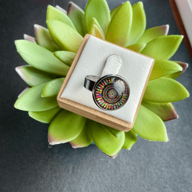 Handmade adjustable ring. Colourful glass cabochon ring 