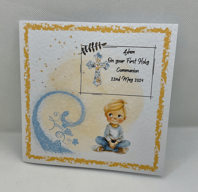 Personalised Communion and Confirmation card for boys. Handmade communion gift. Matching items available.