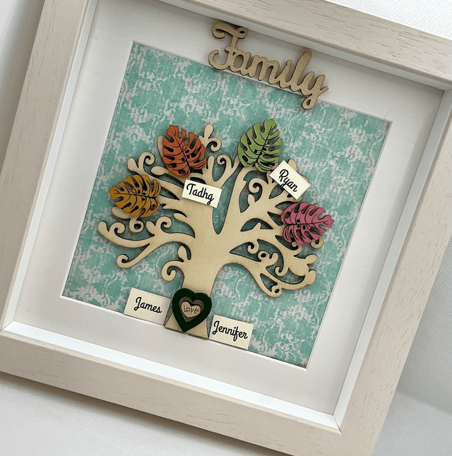 Wooden Family tree with colourful wooden leaves. Personalised.