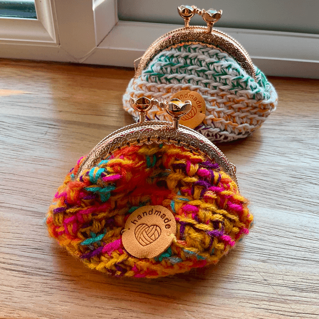 Handmade crochet coin purse. Rainbow design.