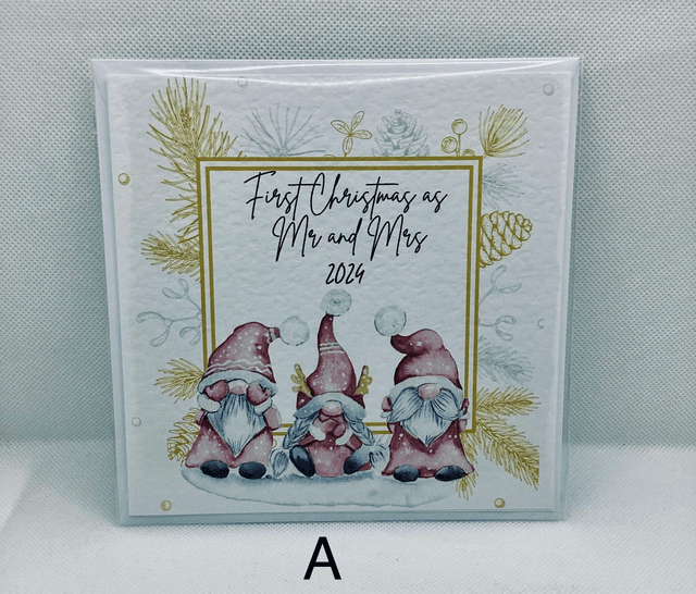 Personalised First Christmas as Mr&amp;Mrs card. Gnomes design.