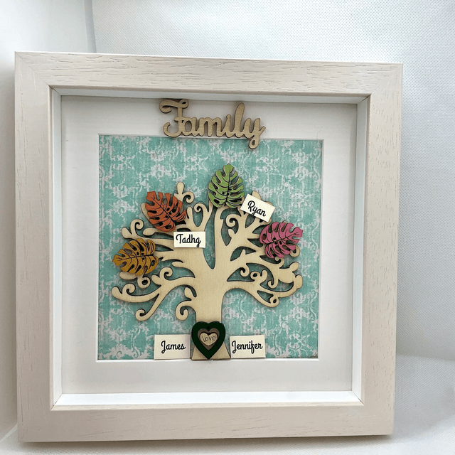 Wooden Family tree with colourful wooden leaves. Personalised.