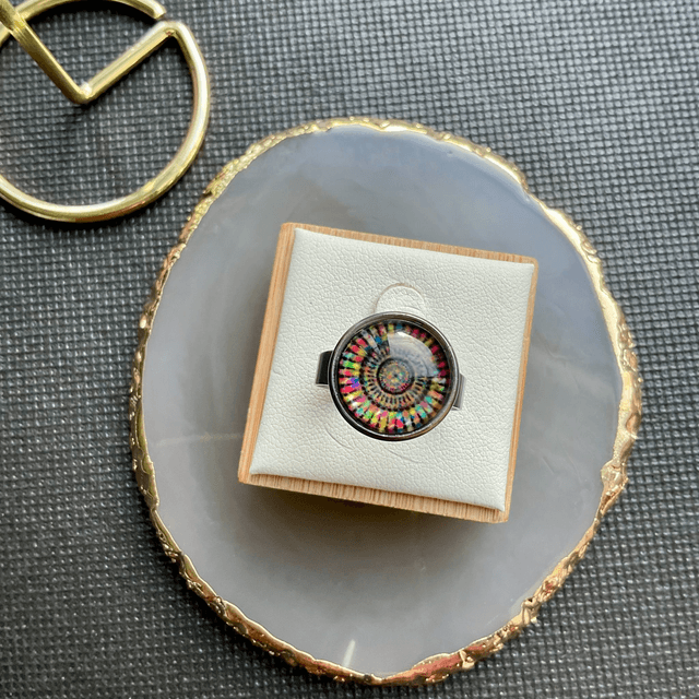 Handmade adjustable ring. Colourful glass cabochon ring