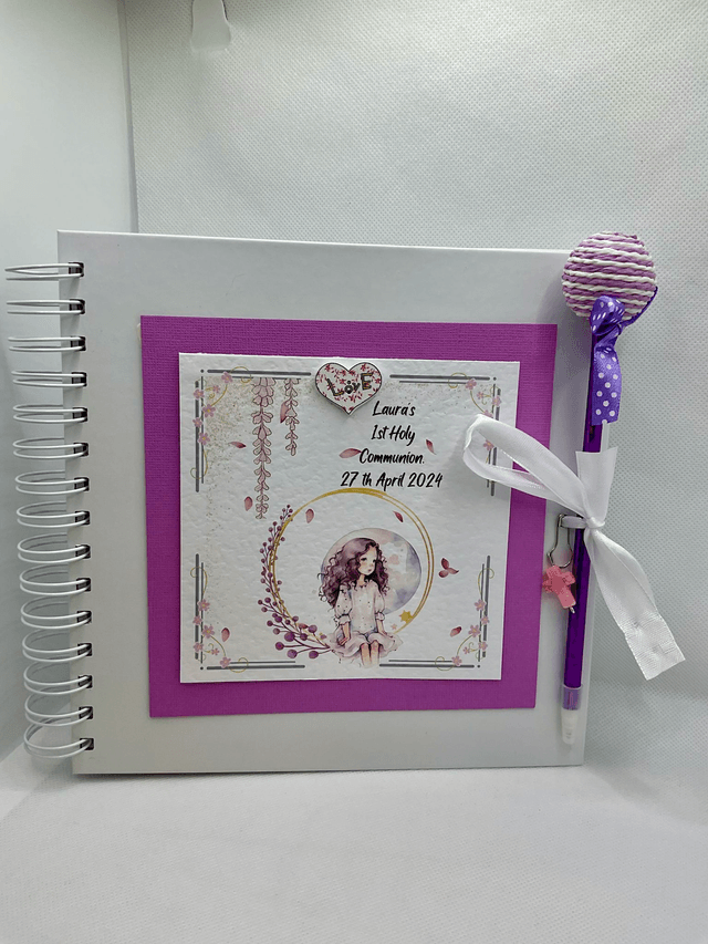 Personalised Communion photo album with FREE pen and pendant. Scrapbook keepsake book and personalised frame with Free pendant and  pen