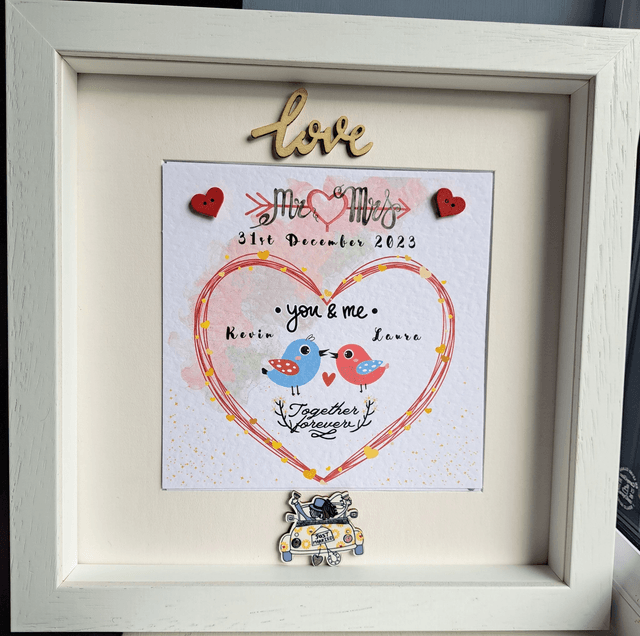 Personalised Wedding and Engagement gift set with couple’s name. Mr & Mrs bird design.