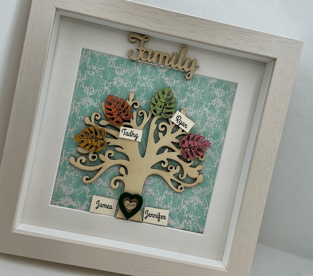 Wooden Family tree with colourful wooden leaves. Personalised.