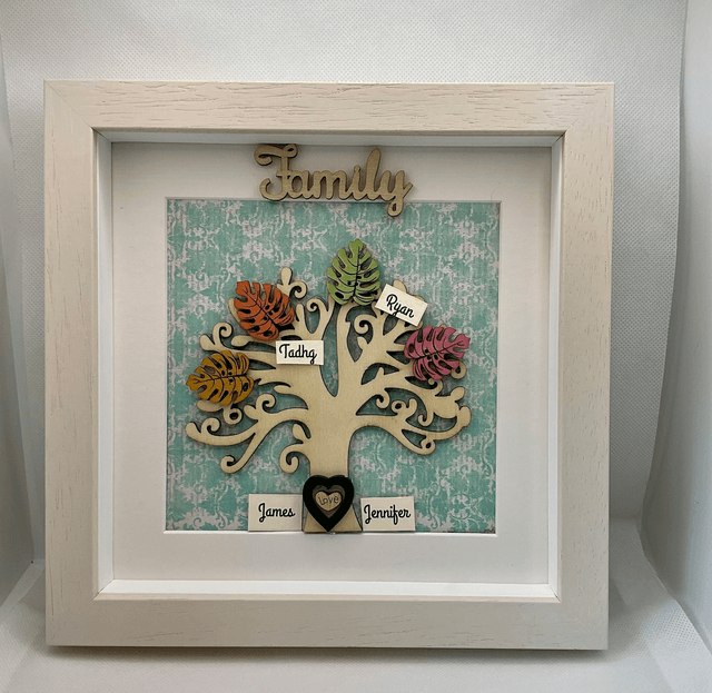Wooden Family tree with colourful wooden leaves. Personalised.