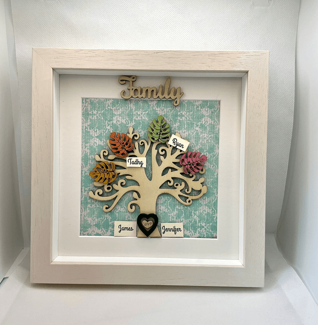 Wooden Family tree with colourful wooden leaves. Personalised.