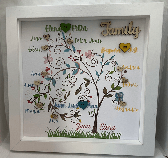 Personalised family tree frame. Handmade family gift.