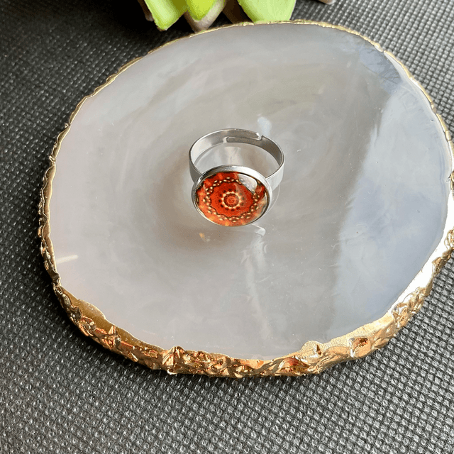 Handmade adjustable ring. Colourful glass cabochon ring.