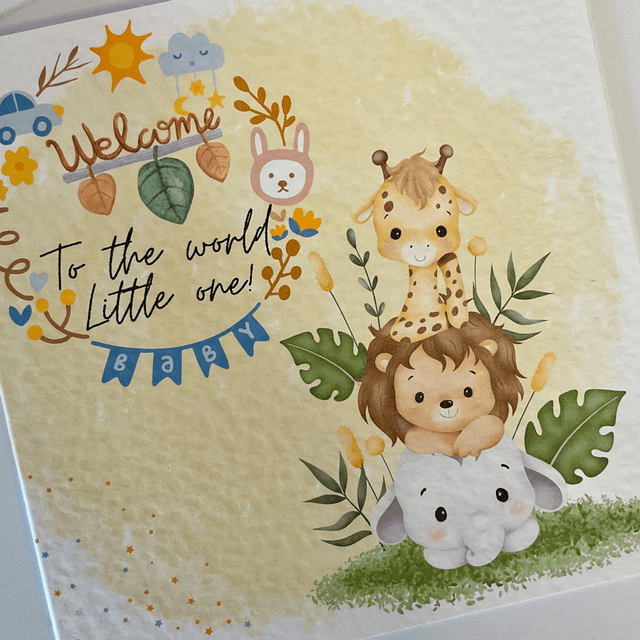 New baby card with Cute safari animals. Personalised.