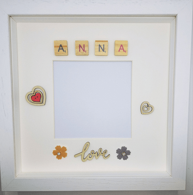 Handmade, personalised photo frame with colourful scrabble tiles. Personalised  birthday and special occasion gifts.