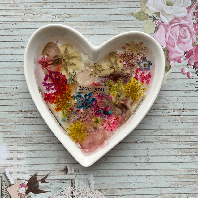 White porcelain ring trinket with pressed flowers in resin.