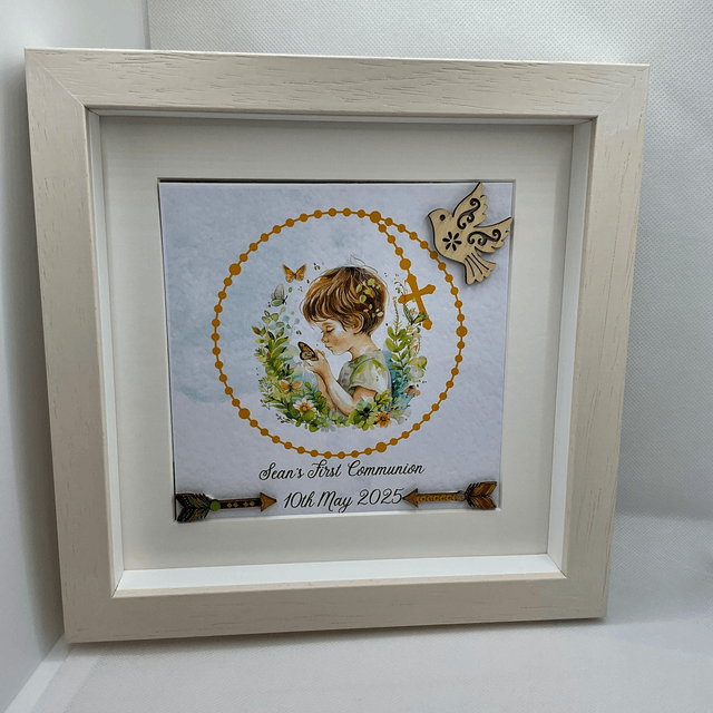Personalised Communion frame for boys. Handmade First Communion gift set.