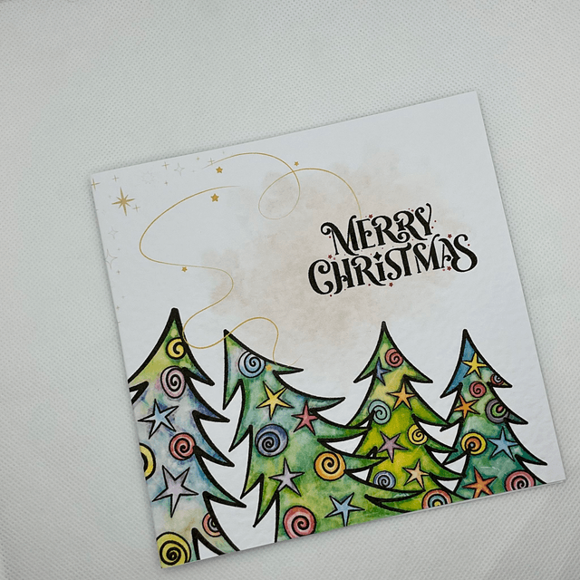 Personalised Christmas card. Colourful Christmas’s trees.