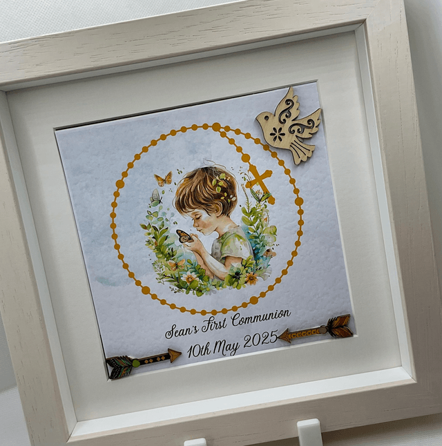 Personalised Communion frame for boys. Handmade First Communion gift set.