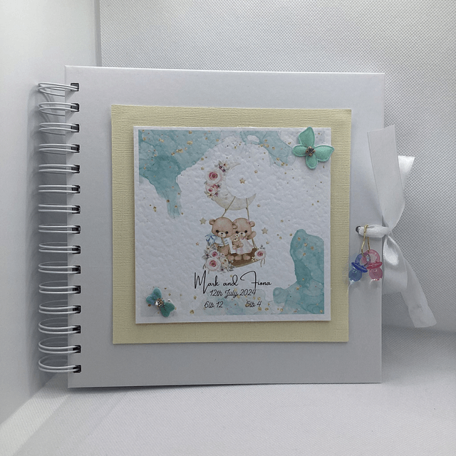 Personalised New Baby/ Christening frame and album for twins. FREE pen and pendant.