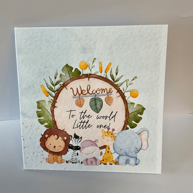New baby card with cute safari animals.. Personalised.
