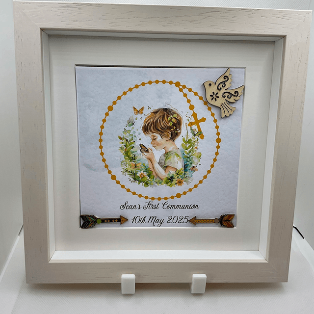Personalised Communion frame for boys. Handmade First Communion gift set.