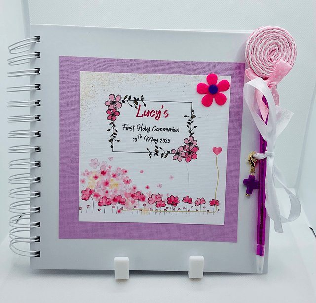 Personalised Communion photo album with FREE pen and pendant. Scrapbook keepsake album with personalised frame option. First Communion gift