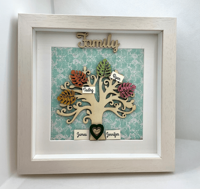 Wooden Family tree with colourful wooden leaves. Personalised.