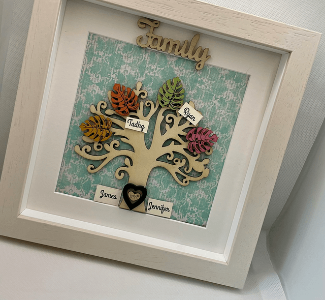 Wooden Family tree with colourful wooden leaves. Personalised.