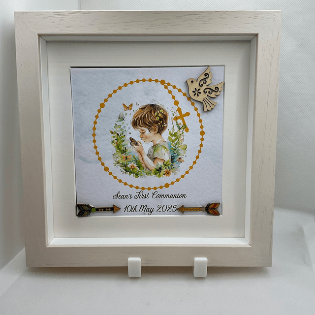 Personalised Communion frame for boys. Handmade First Communion gift set.