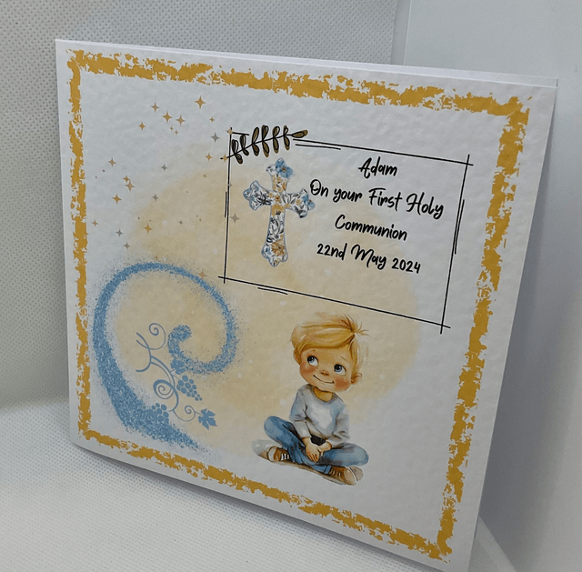 Personalised Communion and Confirmation card for boys. Handmade communion gift. Matching items available.