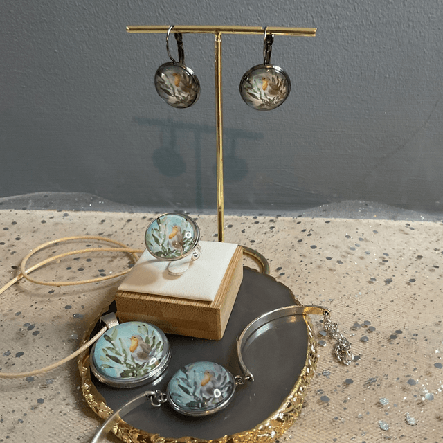 Handmade, coordinated jewellery set. Robin design. Necklace, Bracelet, Earrings, ring and Brooch.
