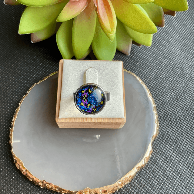 Handmade adjustable ring. Colourful glass cabochon ring