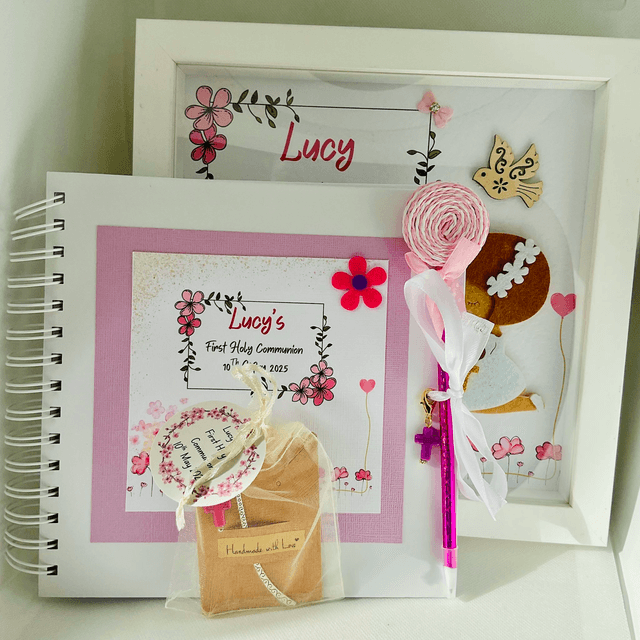Personalised Communion photo album with FREE pen and pendant. Scrapbook keepsake album with personalised frame option. First Communion gift