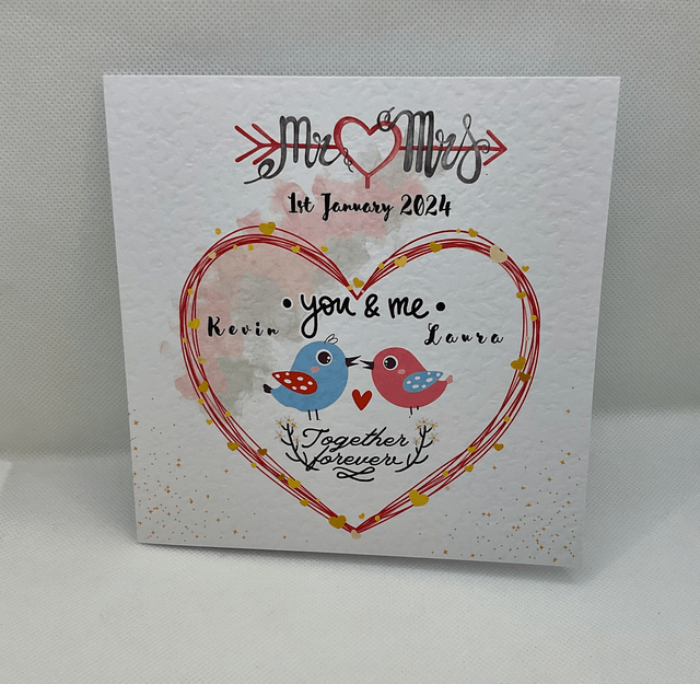 Personalised Wedding and Engagement gift set with couple’s name. Mr & Mrs bird design.