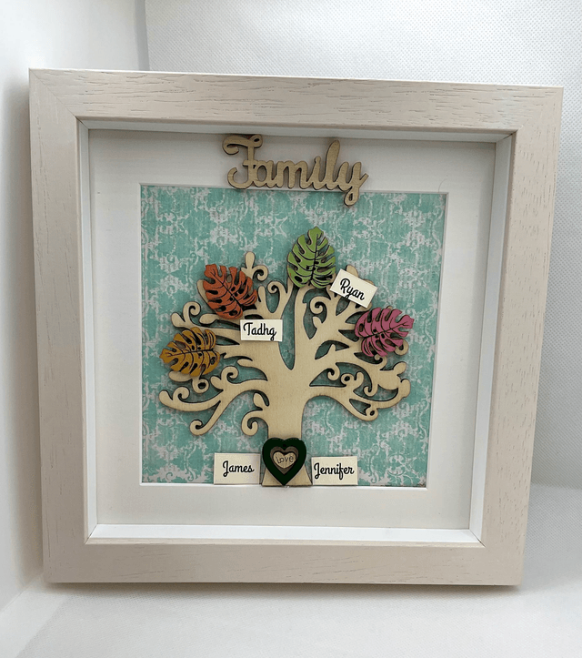 Wooden Family tree with colourful wooden leaves. Personalised.