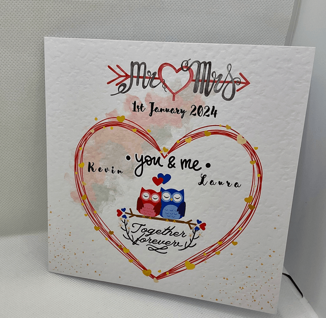 Personalised Wedding and engagement  card with couple’s name. Mr & Mrs bird design. Personalised items available.