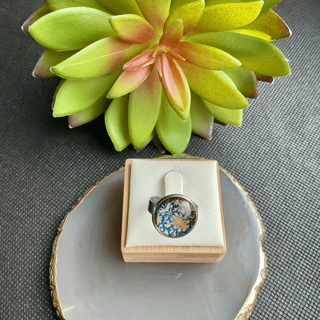 Handmade adjustable ring. Colourful glass cabochon ring.