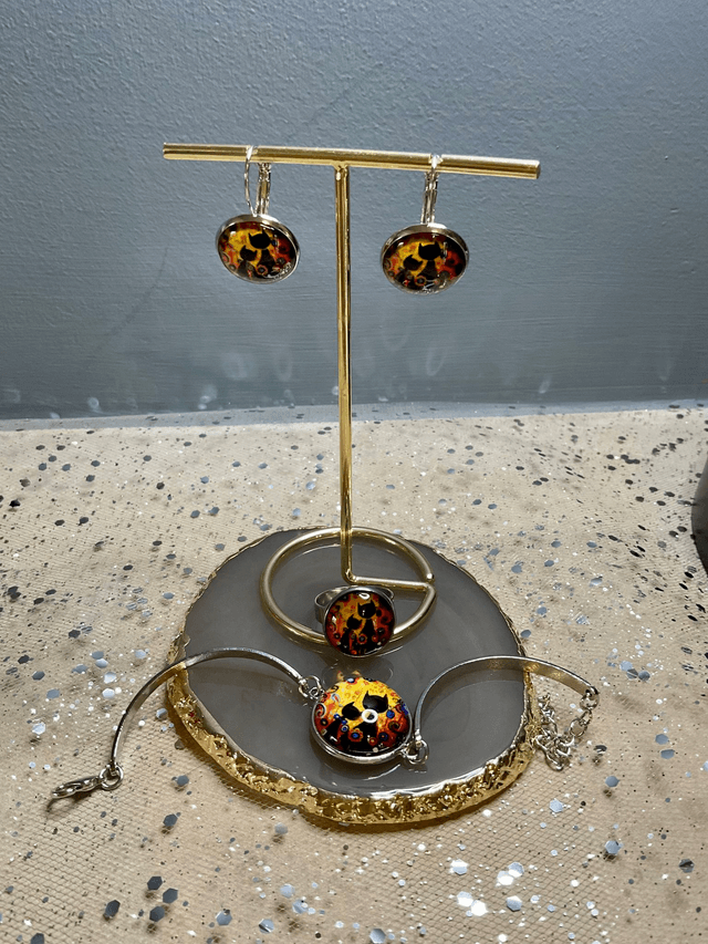 Colourful cat jewellery set. Handmade gift
