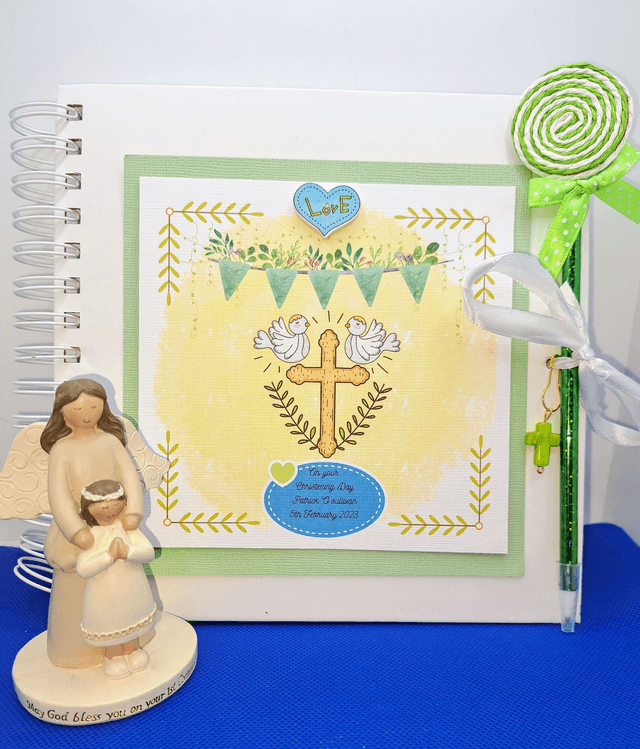 Personalised Christening  and Communion photo album. Scrapbook keepsake book and personalised frame set.