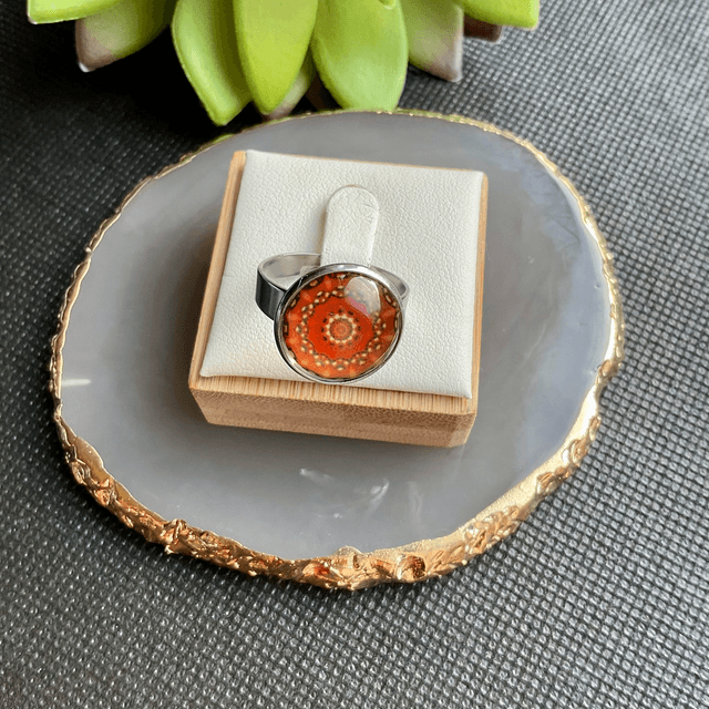 Handmade adjustable ring. Colourful glass cabochon ring.