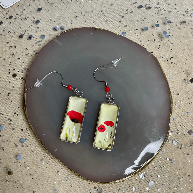 Handmade cabochon earrings. Beautiful poppy design.