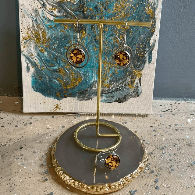Handmade ring and earring set. Coordinated cabochon jewellery.