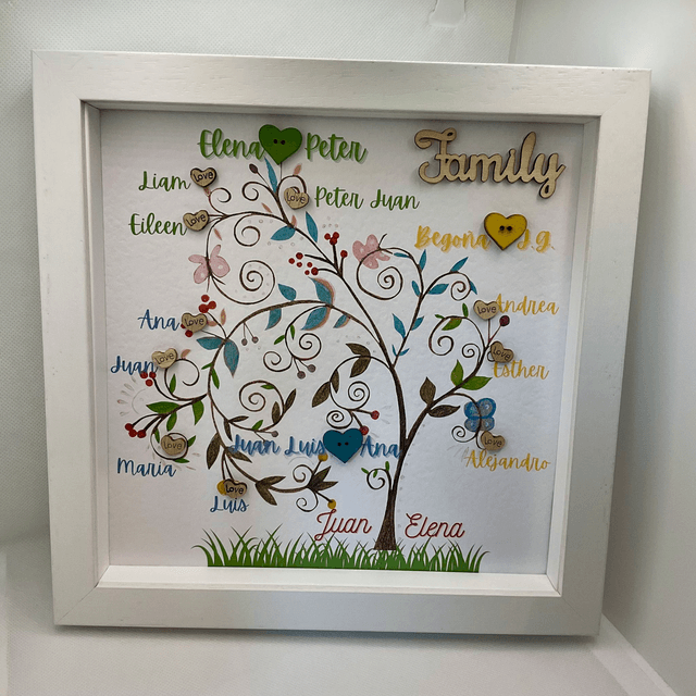 Personalised family tree frame. Handmade family gift.