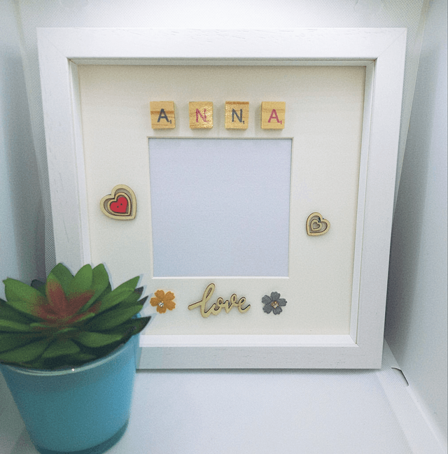 Handmade, personalised photo frame with colourful scrabble tiles. Personalised  birthday gifts.