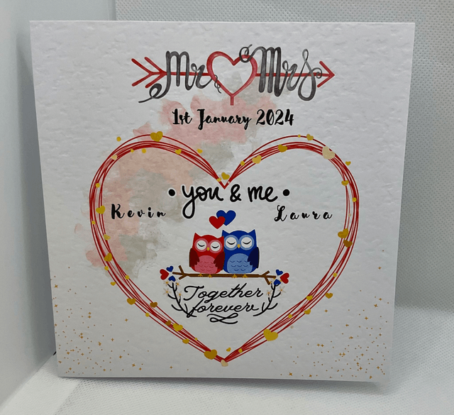Personalised Wedding and engagement  card with couple’s name. Mr & Mrs bird design. Personalised items available.