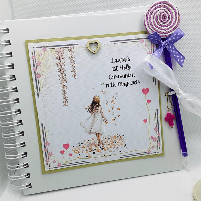 Personalised First communion scrapbook album for girls. First Holy Communion and confirmation gift set.