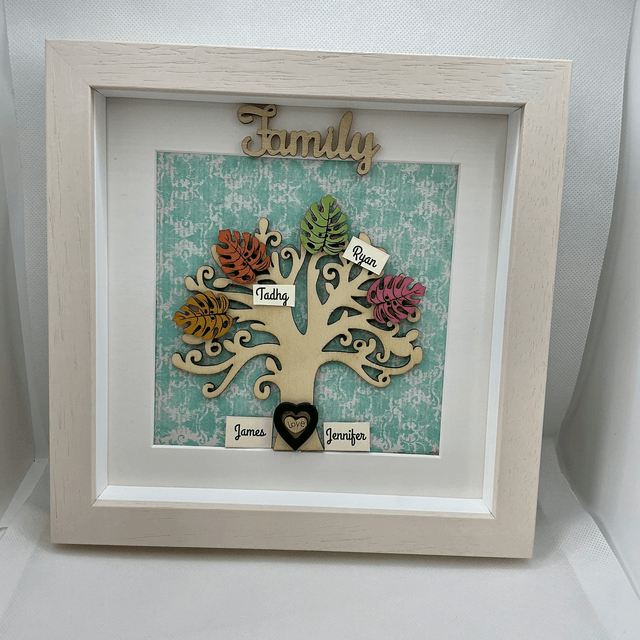 Wooden Family tree with colourful wooden leaves. Personalised.