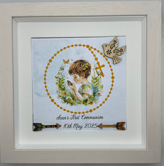 Personalised Communion frame for boys. Handmade First Communion gift set.
