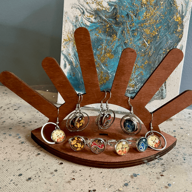 Handmade ring and earrings set. Coordinated cabochon jewellery.