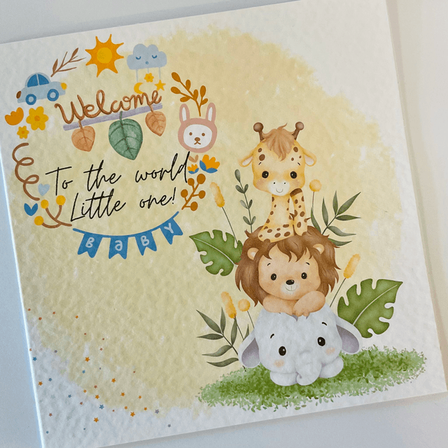 New baby card with Cute safari animals. Personalised.