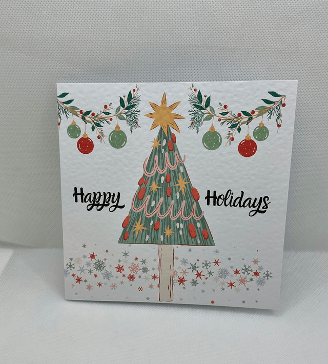 Personalised Christmas card. Colourful Christmas’s tree.