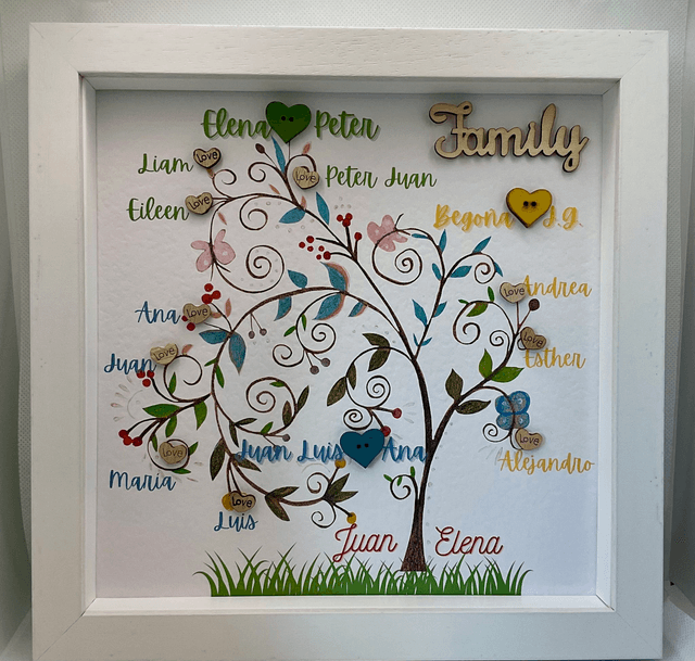 Personalised family tree frame. Handmade family gift.